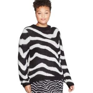 Who What Wear Sweater Crew Neck Fuzzy Zebra Black Gray Women’s Size XL